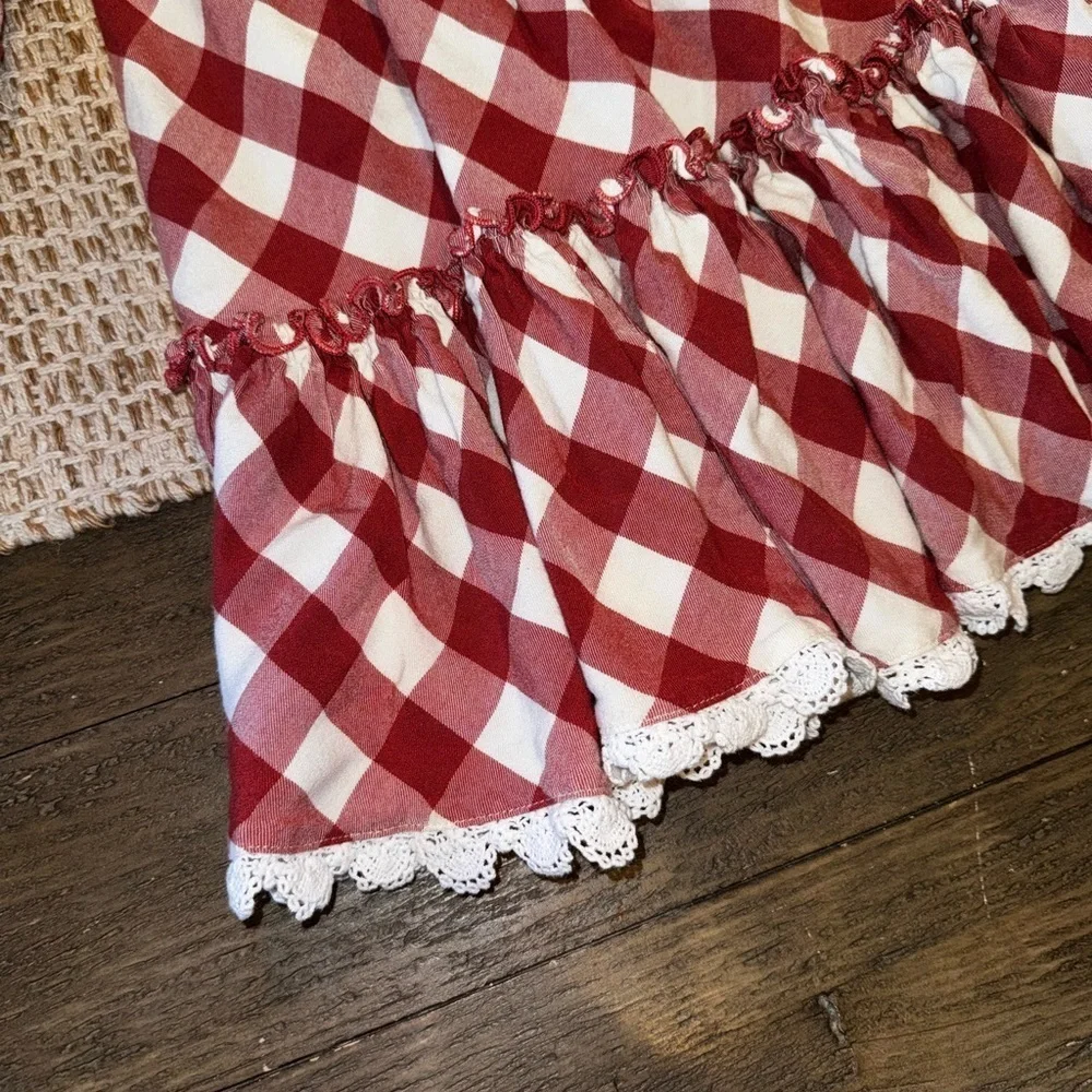 Matilda Jane Rusty Red KASSIDY Flannel Plaid Bell Sleeve Dress Crochet Accents 8